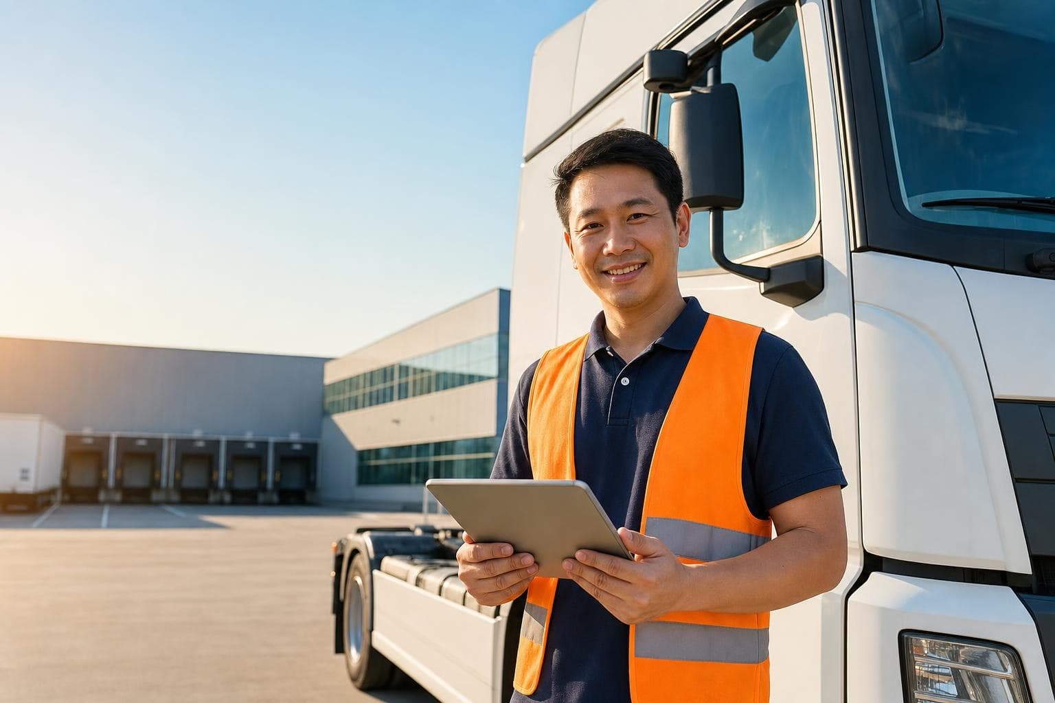 Tài xế xe tải Việt Nam đứng cạnh xe tại bãi logistics