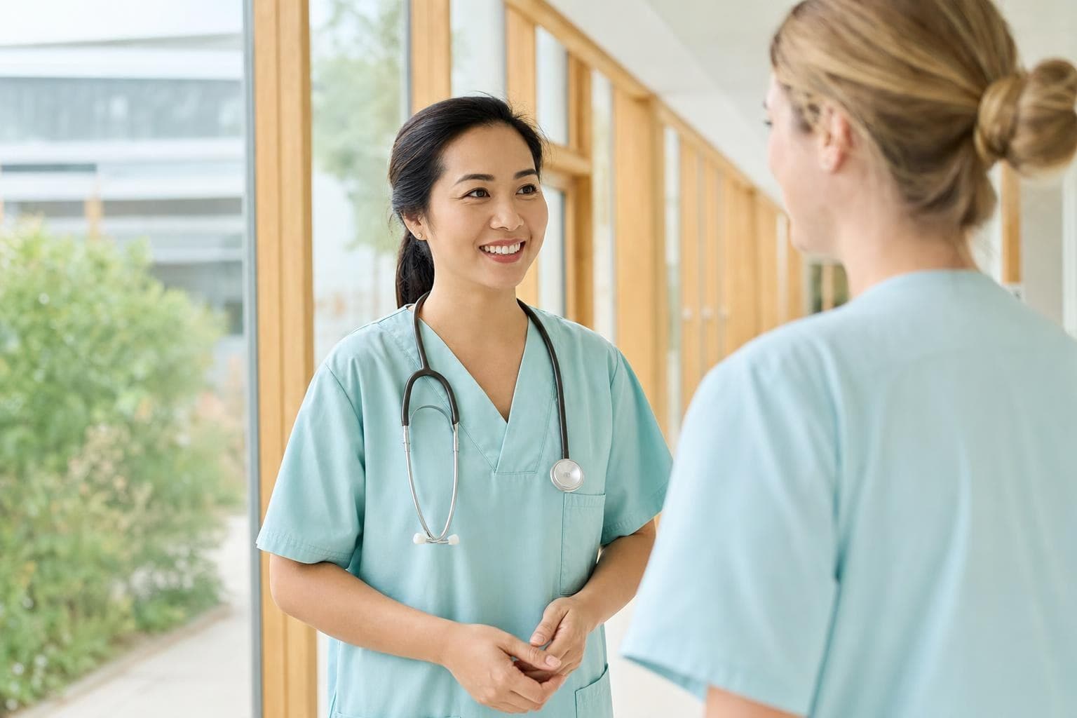 Điều dưỡng viên Việt Nam tươi cười trong bệnh viện hiện đại ở Đức